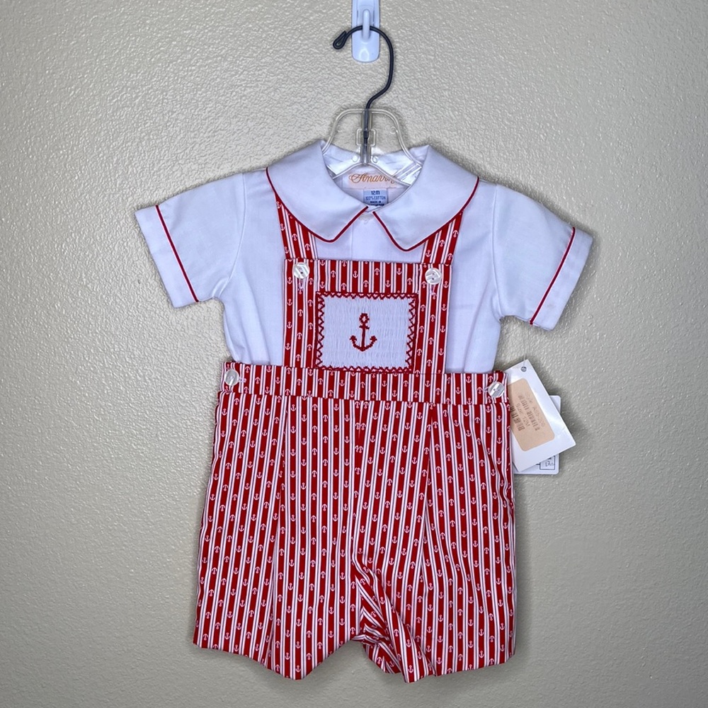 Nautical red and white two piece set - Smocked overalls - 12 months - NWT
